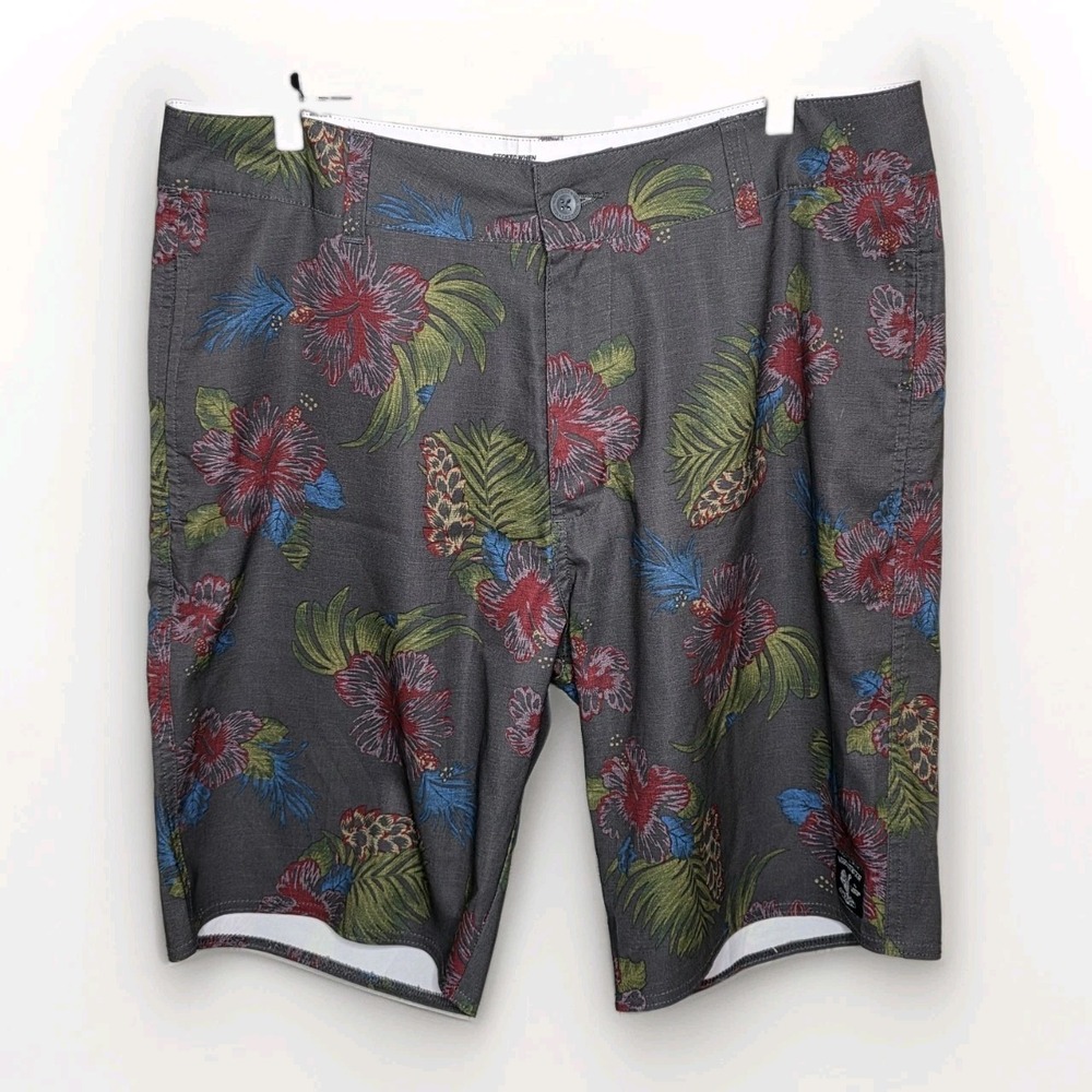 Vans Hybrid Board Shorts Mens 34 Gray Floral Tropical Swim Surf Stretch